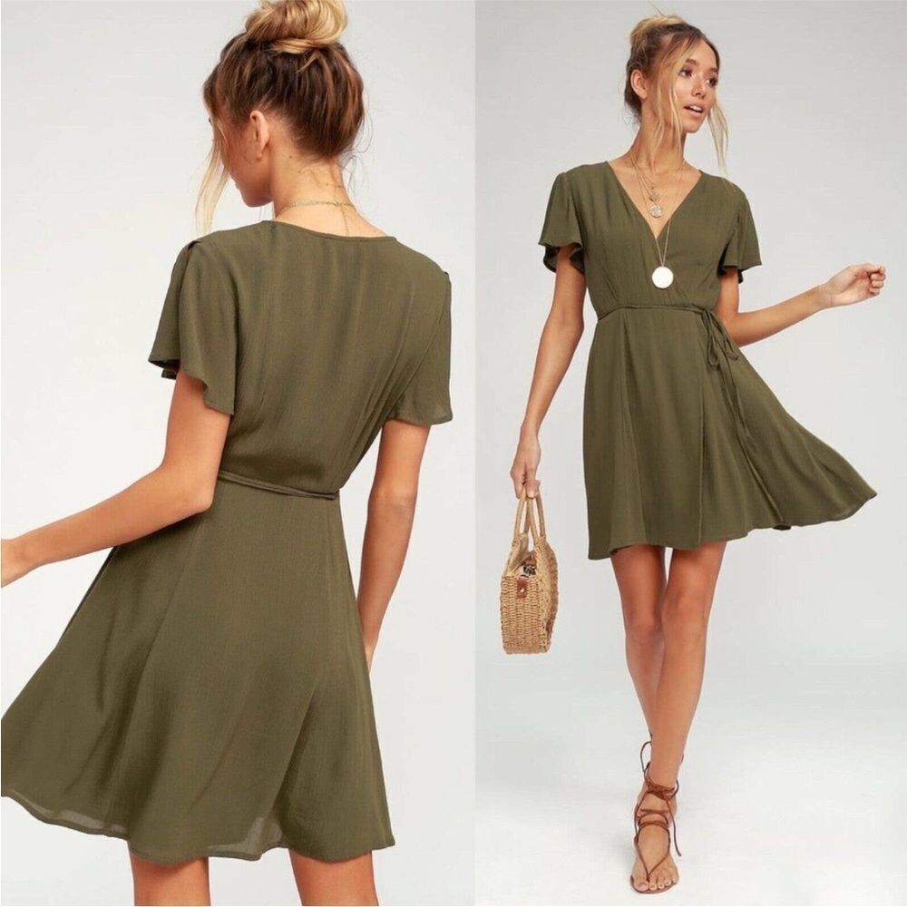 LULU’S | Harbor Point Olive Green Wrap Dress Split Sleeve Women’s Size Small